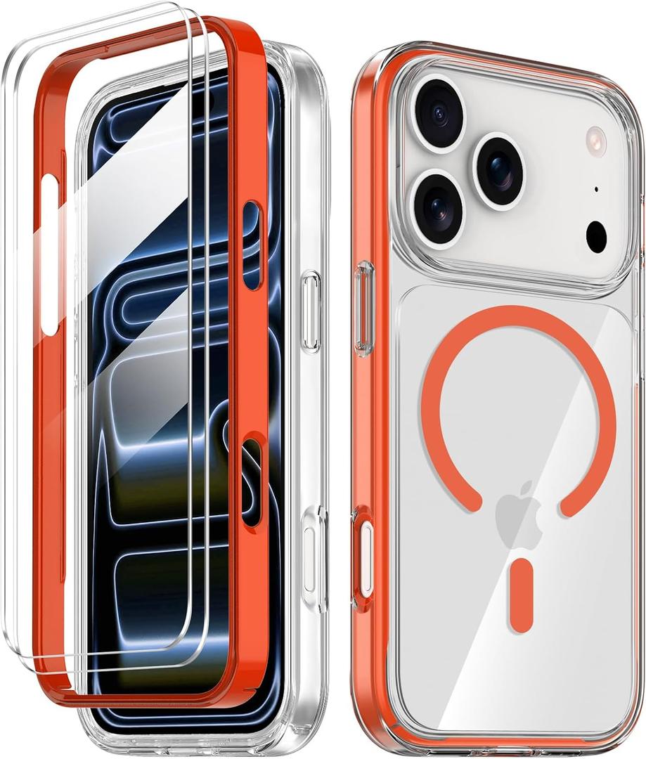 COOLQO for iPhone 17 Pro Max Case with Screen Protectors, Compatible with MagSafe, Military Grade 17FT Drop Protection, Shockproof Protective Dual-Layer Magnetic Transparent Phone Cover, Orange
