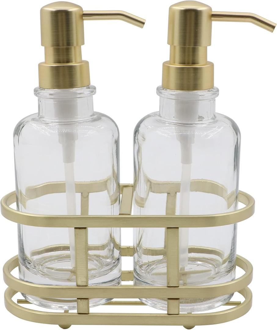 3 Piece Round Heavy Weight Glass Soap Lotion Pump Dispenser Set with Metal Caddy for Home Bath Kitchen Travel Office Hand Crafted Metal Tray Brushed Gold