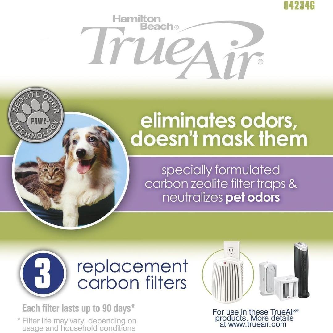 Hamilton Beach TrueAir Replacement Carbon Filter for Odor Eliminators, Neutralizes Pet Smells, 3-Pack (04234G), 5.8 x 1.8 x 6.8 inches , White