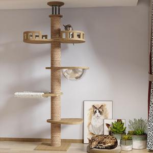 Wooden Large Cat Tree Floor to Ceiling Cat Tower Height Adjustable Floor to Ceiling cat Tree  Space Capsule, Natural Sisal Rope Scratching Post, Cozy Bed (L)