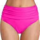 Tempt Me Women's High Waisted Bikini Bottom Tummy Control Ruched Bathing Suit Swim Bottom (Pink) M