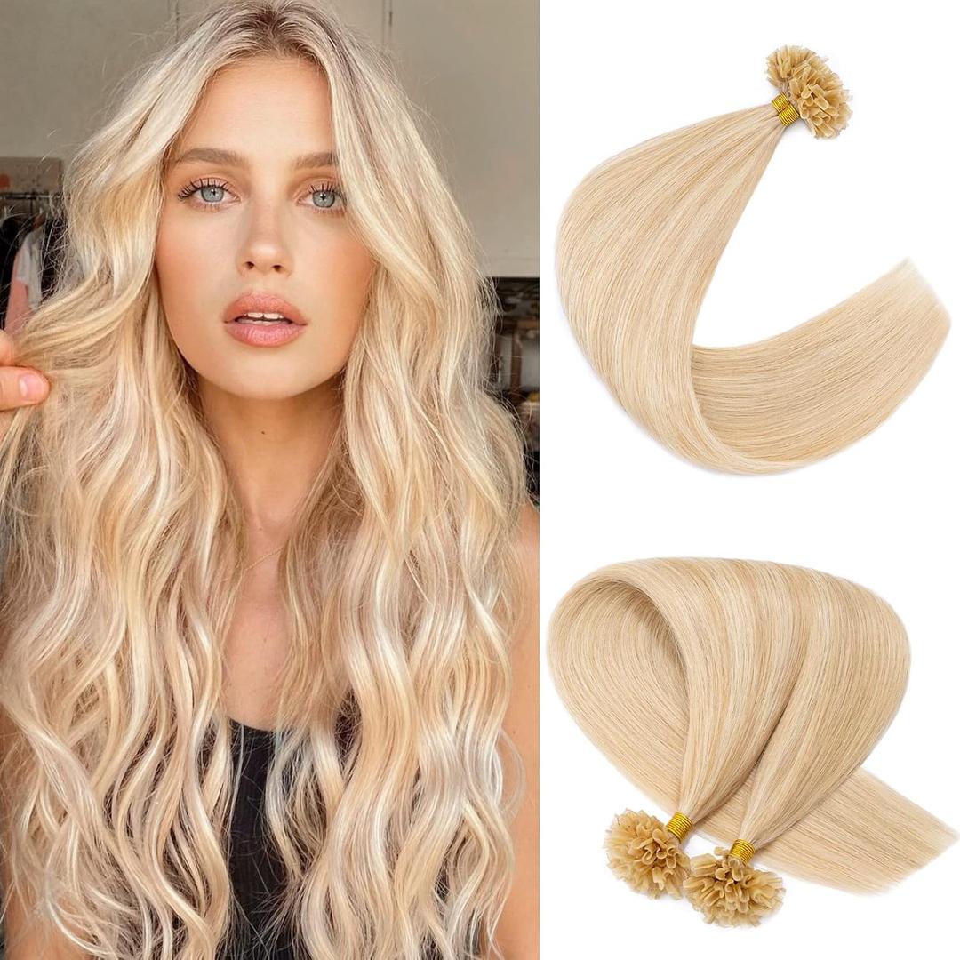 Real Human Hair Pre Bonded U Tip Hair Extensions, 16 Inch 100 Strands 50g #18P613 - Highlight Ash Blonde and Bleach Blonde, Hot Fusion Installation