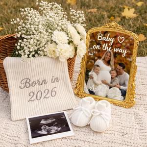 Yookeer 3 Pcs Pregnancy Announcement Sign Set, Include Vintage Gold Mirror Newborn Knit Baby Booties and White Marker Pregnancy Reveal Ideas Photo Backdrop for Coming Soon Baby Announcement