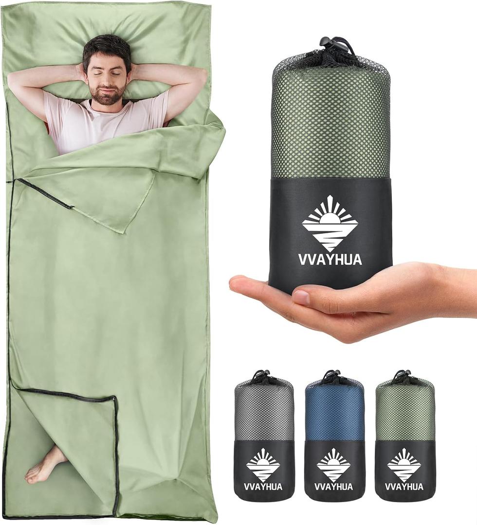 Sleeping Bag Liner, Self Tan Sleep Sack, Adult Sleep Sack, Two-Way-Zipper Expose Feet Separately, Portable Single Camping Travel Sheets for Hotel,Hostels,Business Trips (Sage Green)