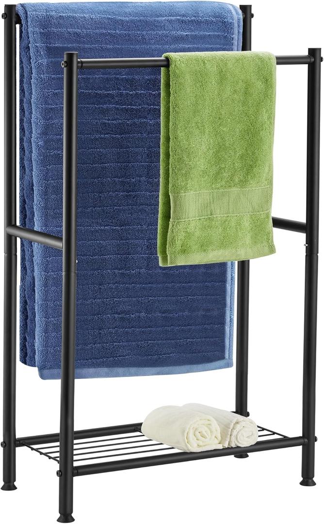 Free Standing Towel Rack, 2 Tier Towel Racks for Bathroom with Storage Shelves, Outdoor Standing Towel Drying Rack for Poolside, Black, DECLUTTR