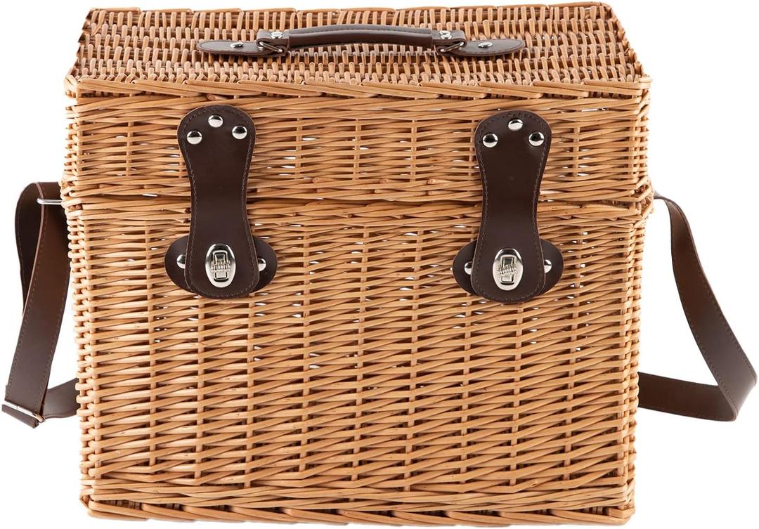 Wicker Picnic Basket, Rectangular Storage Basket with Carrying Strap for Camping Travel Party