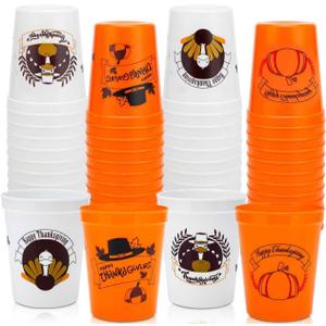 24 Pack Thanksgiving Cups - 16oz Orange & White Plastic Fall Party Cups with Autumn Pumpkin and Turkey Designs, Perfect for Friendsgiving and Holiday Celebrations