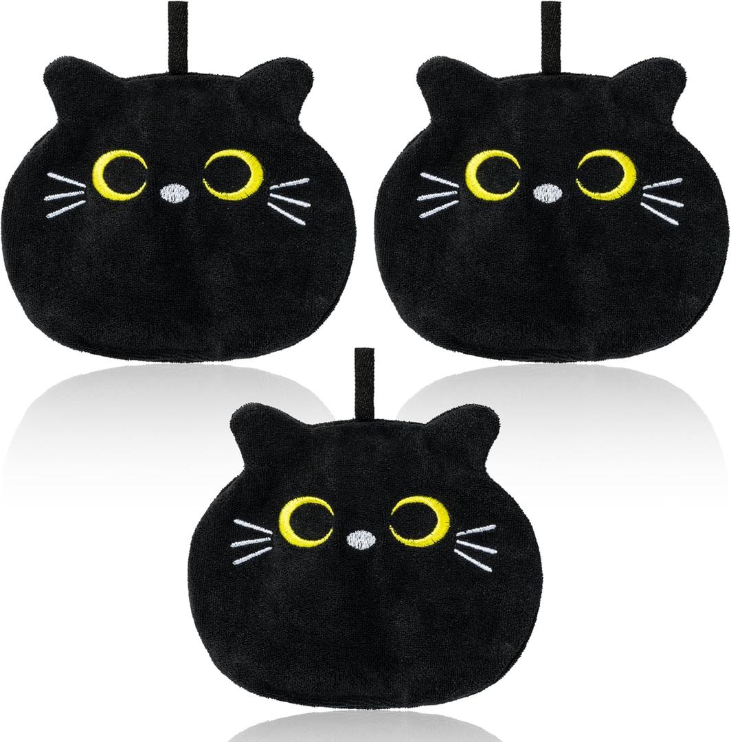 R HORSE Black Cat Hand Towels - 3Pcs Halloween Cat Theme Bathroom Towels with Hanging Loop Cute Cartoon Animal Absorbent Coral Fleece Bathroom Hand Towel Soft Thick Dish Cloth for Kitchen Home Decors