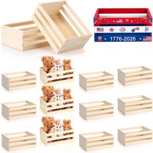 Cinnvoice 12 Pcs 9.5'' 250th Anniversary Small Wooden Crate for Storage 4th of July Unfinished Wood Crate Bulk Rustic Decorative Display Box Natural Bin Closet Organized for Kitchen Office Home