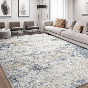 Area Rug Living Room Rugs - 9x12 Abstract Large Soft Indoor Washable Rug Neutral Modern Low Pile Carpet for Bedroom Dining Room Farmhouse Home Office - Beige Blue