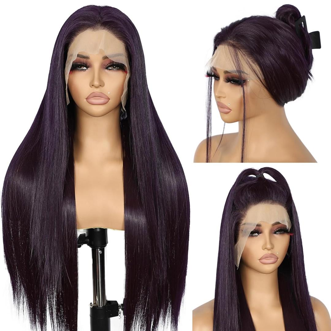 SAPPHIREWIGS 13x6 Lace Front Wigs Long Straight Grape Synthetic Lace Front Wigs for Black Women Glueless Dark Violet Hair Pre Plucked Hairline Daily Cosplay Use 26 inch (Purple)