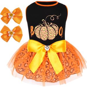 cyeollo Halloween Dog Dress Boo Cute Leopard Print Pumpkin Holiday Outfit Clothes Girl Party Tulle Dog Dresses for Small Dogs (Large)