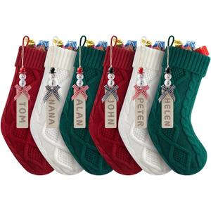 Personalized Christmas Stockings - 18 Inches Hanging Stockings with DIY Snowman Name Tags, 6 Pack Large Size Knitted Stockings for Mantels, Christmas Tree Family Holiday Decor, Red Green White