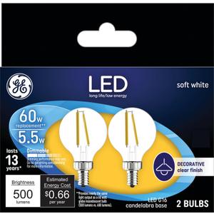 GE LED Light Bulbs, 60 Watt, Soft White, G16.5 Globe Bulbs, Clear, Small Base (2 Pack)