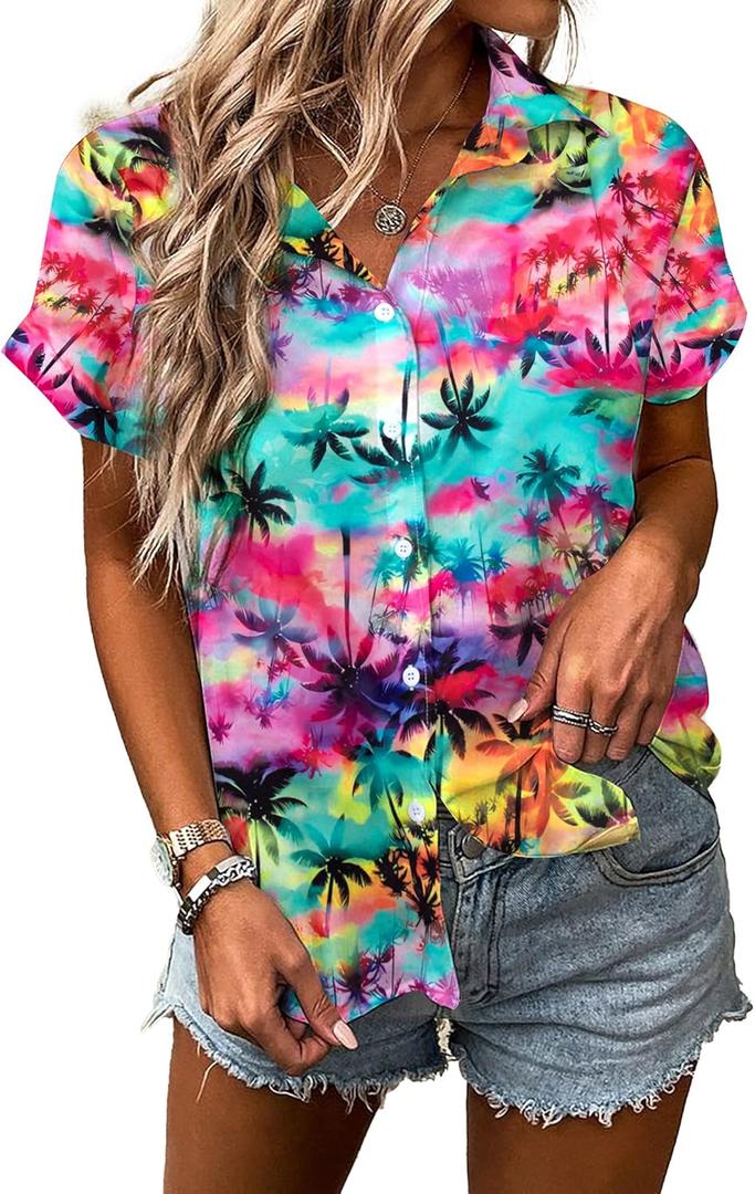 Women Hawaiian Shirt Soft Cool Summer Hawaii Tshirts Beach Tropic Print V Neck Button up Tops Floral Short Sleeve Tops (Medium, Colour)