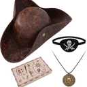 Renaissance Pirate Hat Costome Decoration Halloween Exchange For Male Female Tricorn Hat With Eye Patch & Necklaces (Brown)