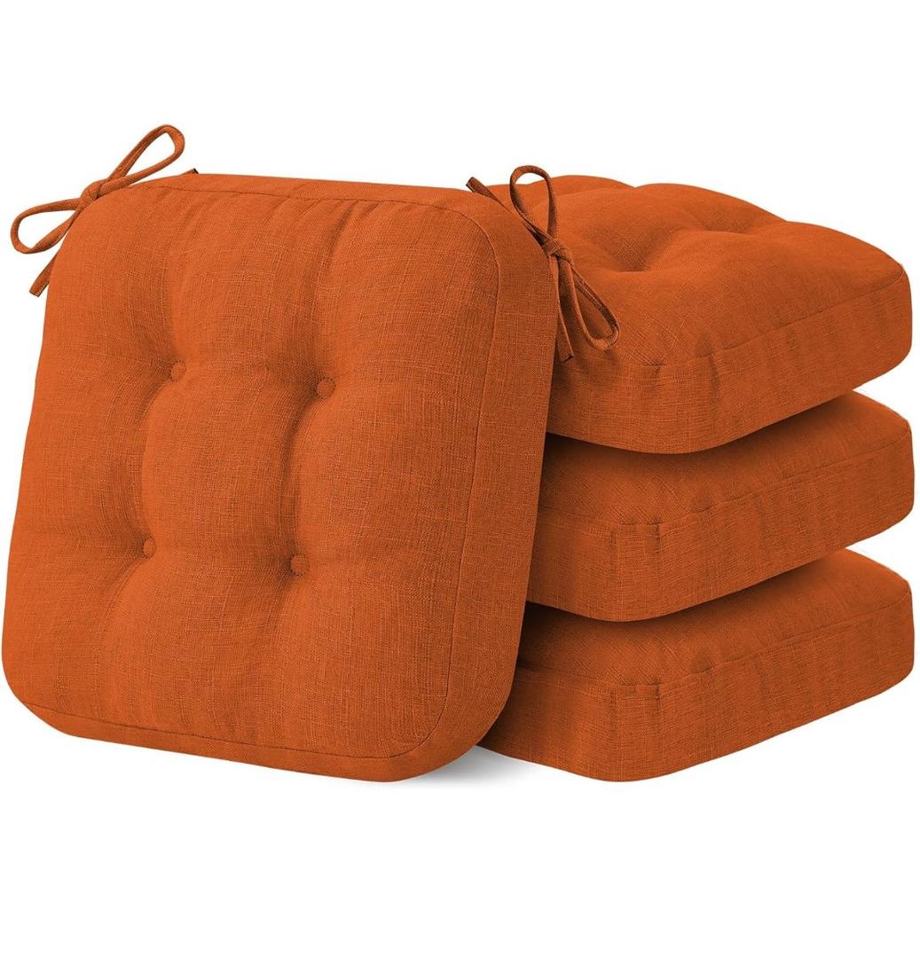 Chair Cushions for Dining Chairs, Dining Chair Cushions, Tufted Indoor Chair Pads with Ties & Non Slip Backing, Seat Cushions for Kitchen Chairs 16.5” x 16.5” x 3.5”, Set of 4, Orange