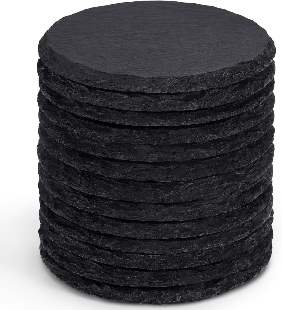 13 Pieces Slate Drink Coasters, GOH DODD 4 Inch Black Coasters Stone Coaster Set, Laser Engraving Blanks with Anti-Scratch Bottom for Home Office Bar Outdoor Housewarming Gifts Wedding Party, Round