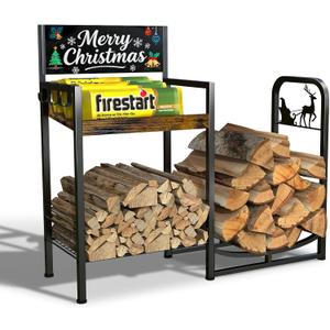 YIYYZI Firewood Rack, 35 in Decorative Firewood Storage Log Rack with Christmas Pattern, Solid Iron Indoor Outdoor Firewood Holder for Fireplace Wood Storage with 3 Fire Tools Hanging Hooks, Black