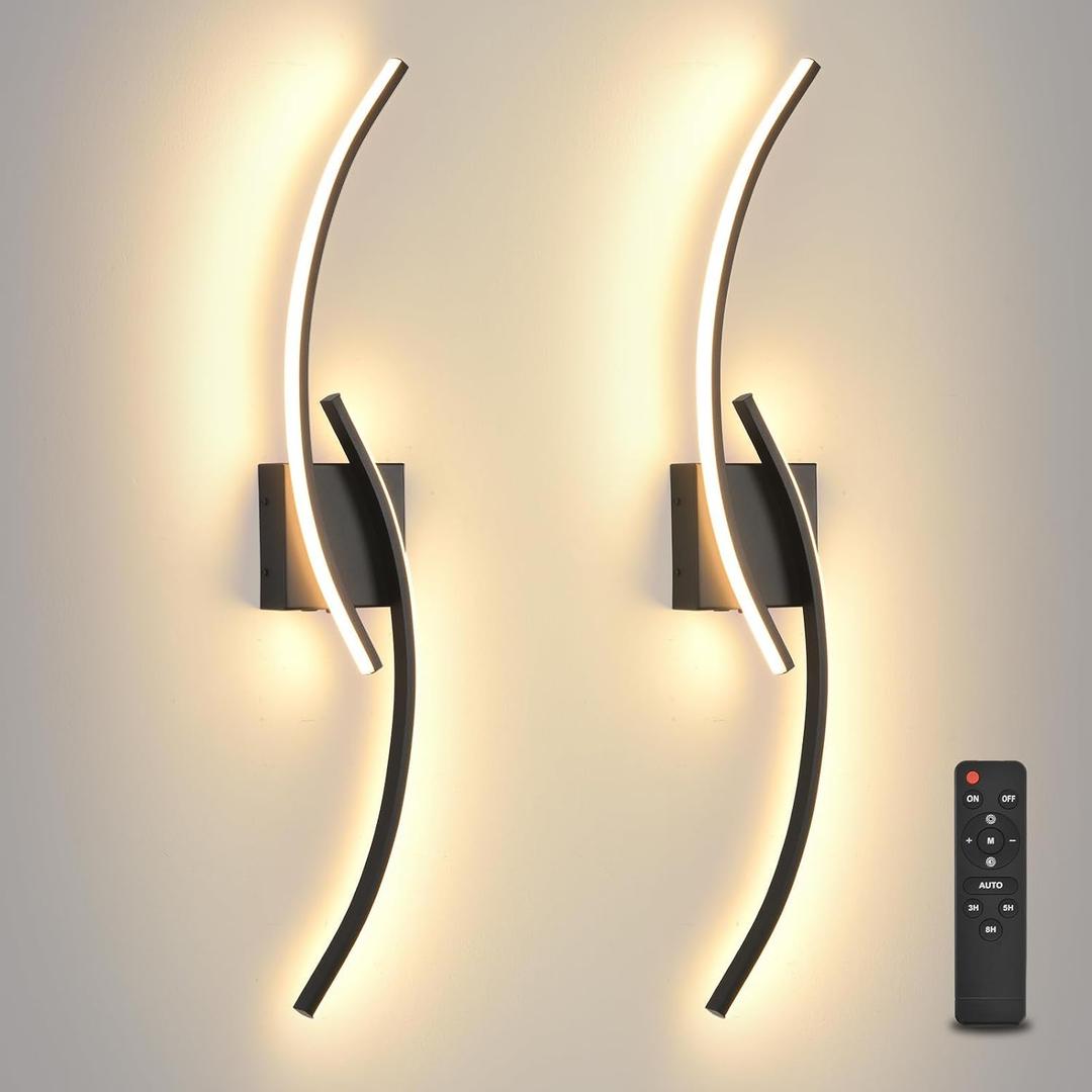 Battery Operated Wall Sconce Set of 2, 3000K-6000K LED Dimmable Battery Wall Sconces with Remote Control, USB Rechargeable 31.4 inch Black Wireless Wall Lights for Living Room, Bedroom, Staircases