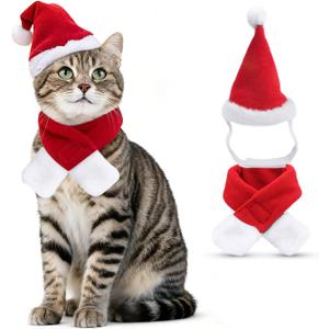 Cat Santa Hat with Scarf, Christmas Costume Suit for Cats Small Dogs Rabbits Doll, Holiday Party Decoration for Pets, Red S