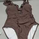 Women's One Piece Swimsuit Tummy Control Ruffle Bathing Suit Plung V-Neck Lace Up Swim Suit Cutout Swimwear, Brown, L