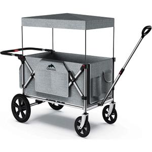 Foldable Wagon Stroller, Stroller Wagon for 2 Kids with 5-Point Harnesses, Adjustable Push/Pull Handle, Removable Sun Canopy, Suitable for Family Travel, Two Children Ride, Large Storage, Gift (Silver)