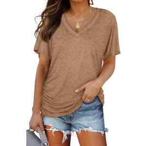 WIHOLL Womens Summer T-Shirts Short Sleeve V Neck Dolman Tops with Side Shirring Loose Fit Shirts Spring Fashion (Medium, 4-coffee)