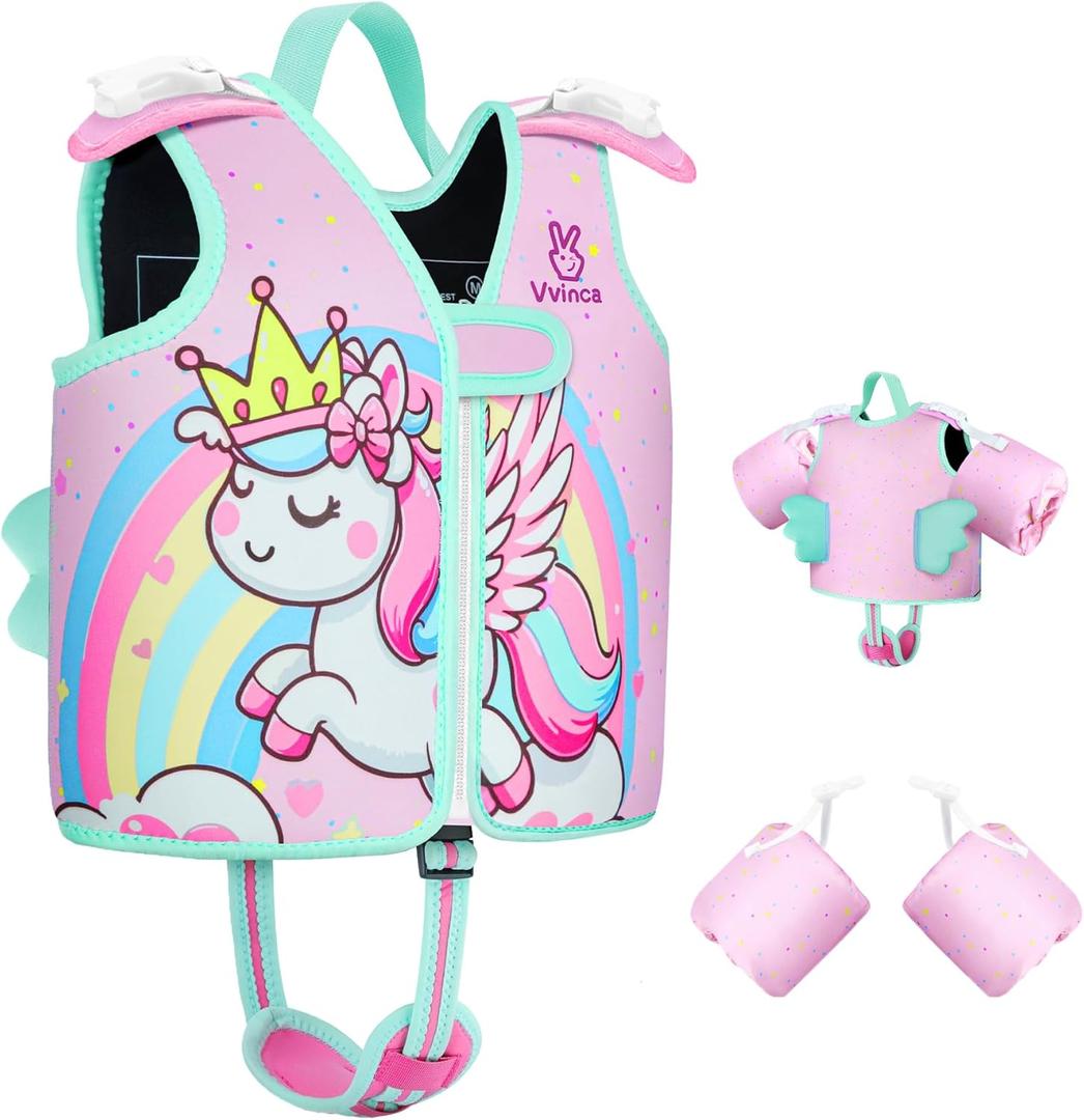 Vvinca Toddler Swim Vest for Kids 13-30-50 lbs Boys Girls Puddle Kids Jumper Toddlers Pool Floaties Jacket with Adjustable Crotch Strap Sleeves Shoulder for 1-5 Years Old Baby Infant Learn to Swimming (02 Pink) M