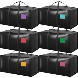 6 Pack Moving Bags with Full-Open Side Zipper, Extra Large 93L Heavy Duty Waterproof Foldable Storage Totes for College Dorm, Moving & Home Organization Black