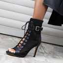 UTIKLIOU Womens Mesh Sandals Peep Toe High Top Sandals Lace Up Summer Boots Buckle Strap Party Sexy Pump Shoes Open toe (Black Size 8)