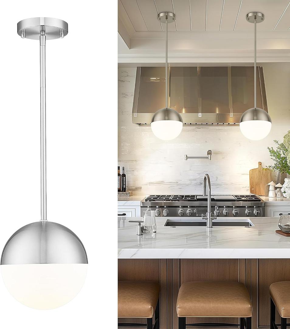 LMS Farmhouse Pendant Light Fixtures, Brushed Nickel Pendant Light with Globe Glass, Adjustable Hanging Lighting for Kitchen Island, Bedroom, Bathroom, LMS-203 (8" White Glass, 1 pack, Silver)