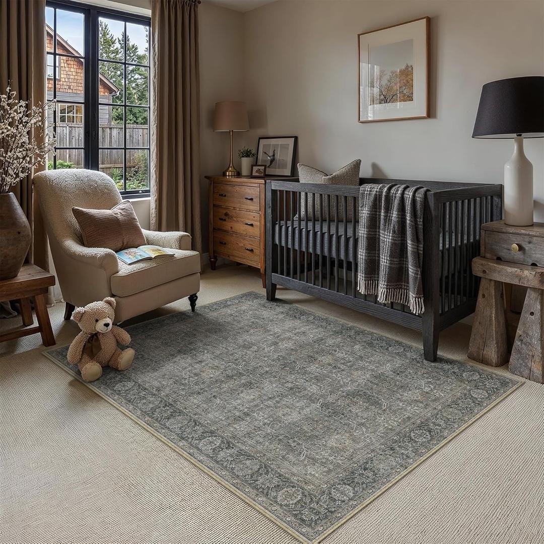 PureCozy Vintage Area Rug 4x5 Grey Brown Entryway Office Washable Carpet Non Slip Bedroom Indoor Living Room Door Mat Low Pile Traditional Distressed Retro Accent Rug for Dining Room Bathroom Kitchen