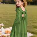 Cubear Girls Fall Dress Tie Back Long Sleeve Ruffle Square Neck A Line Swing Casual Dresses, 5-14 Years Old (Green)