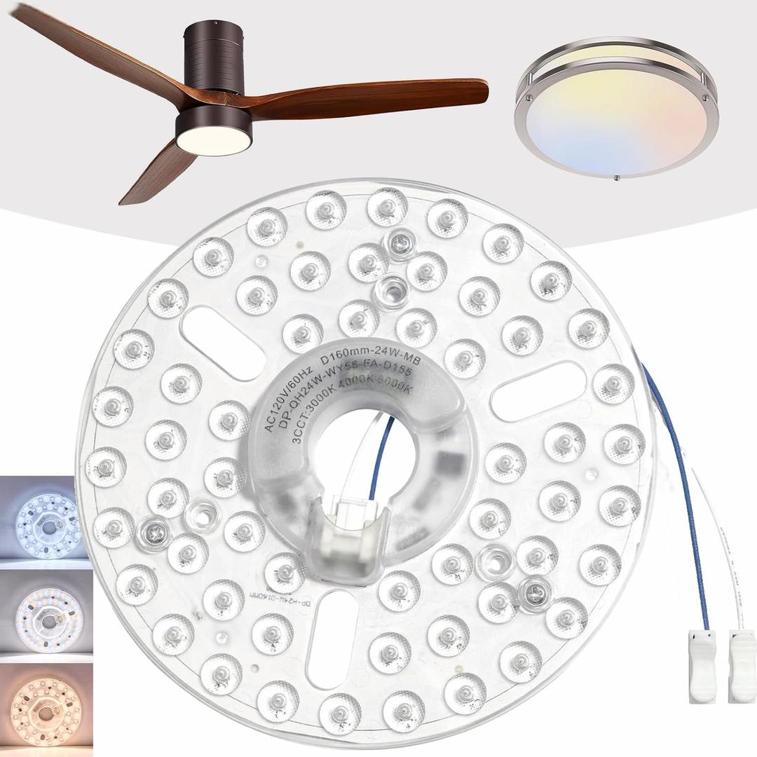 6.3" Ceiling Fan LED Light Engine Replacement Upgrade Retrofit Kit 2200LM Bright 3CCT 3000K 4000K 6000K Daylight Dimmable 120V 24W PCB Board, Magnetic or Screw Easy Install in 5min to Reilluminate ETL