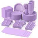 JHDZDHY 404 Pieces Disposable Plastic Dinnerware Set, Plastic Cutlery Set Includes 50 Of Each Dinner Plates|Dessert Plates|Cups|Napkins|Straws|Spoons, Forks & Knives (Lavender, 404PCS（50 Guests）)