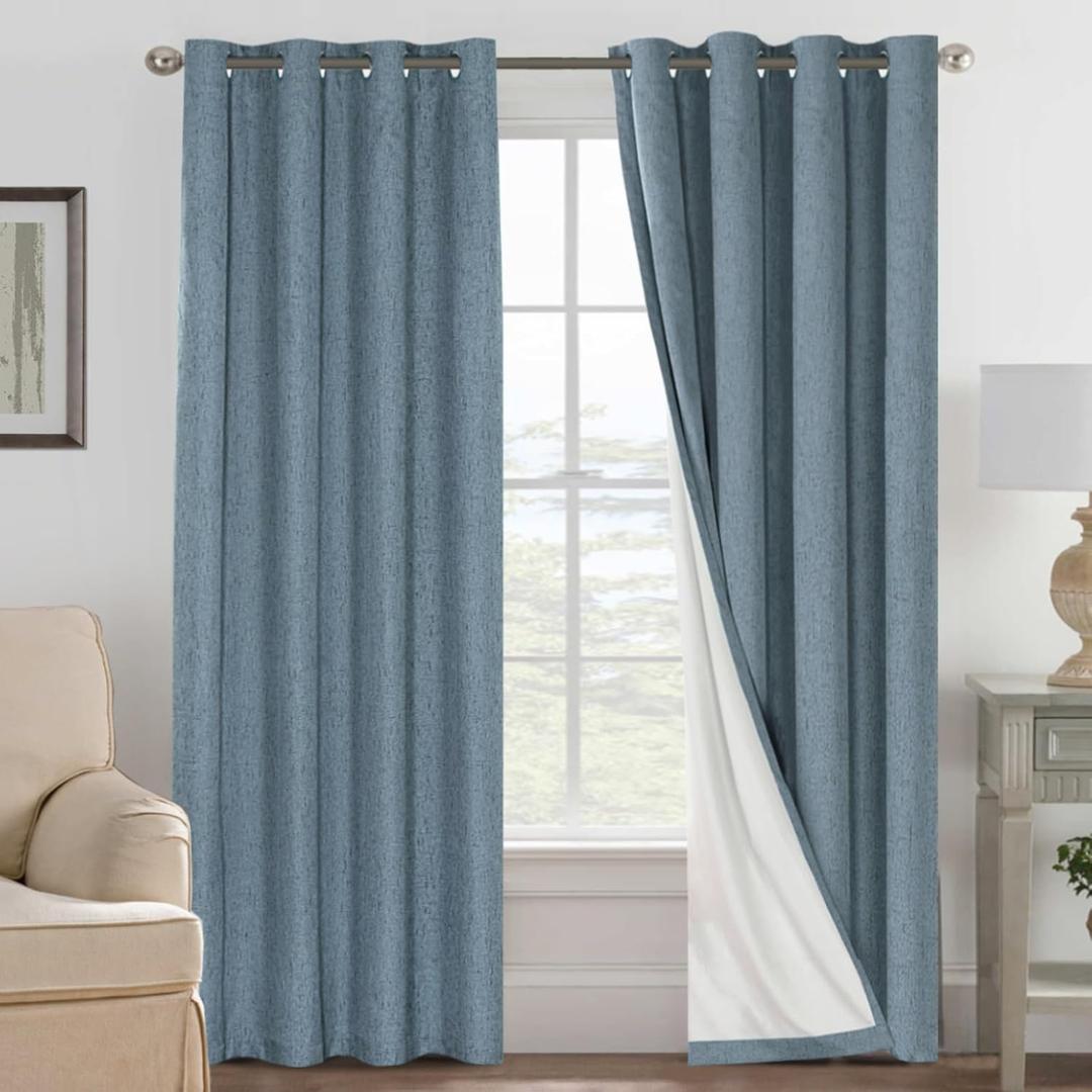 H.VERSAILTEX Linen Blackout Curtains 96 Inches Long 100% Blackout Thermal Insulated Textured Linen Look Curtain Draperies Anti-Rust Grommet, Energy Saving with White Liner, 2 Panels, Stone Blue
