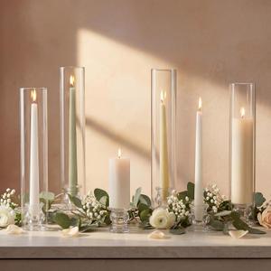 Hurricane Glass Candle Holders - Set of 20 Candlestick Holders for Taper Candles, Clear Candle Holder Bulk with 12” Tall Windproof Cylinder Cover for Festival Wedding Table Centerpiece Party Decor