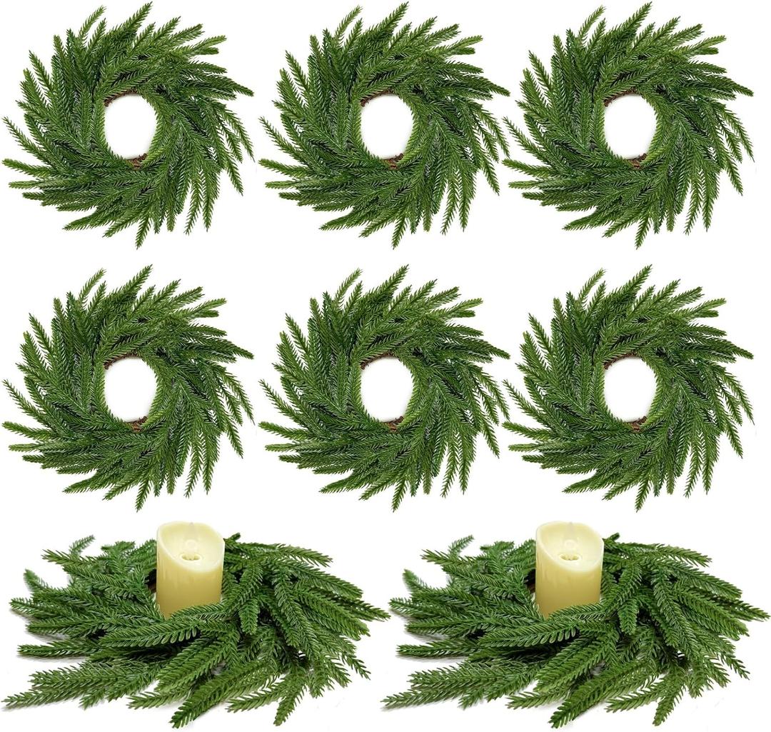 13.5 Inch Norfolk Pine Wreath Candle Rings, 6 Pcs Realistic Soft and Full Mini Christmas Wreath Table Centerpieces Candle Wreaths for Pillar Candles Cedar Small Wreaths for Cabinets Kitchen Windows