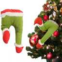 Green Elf Legs Stuck in Tree Topper for Christmas Decorations, Poseable Stuffed Leg with Fixed Wire Ornament for Indoor Outdoor Wreath Party Decor