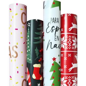 4 Rolls Christmas Wrapping Paper Rolls, 17 Inch x 16.5 Feet per Roll, Totaling 94 sq. ft.  Reindeer, Tree, Snowflake & Pink Letter Designs, Eco-Friendly & Durable Gift Wrap for Christmas Presents and Holiday Decorations (Colorful)