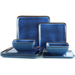 Melamine Dinnerware Sets, 12 Pcs Square Plates and Bowls Sets of 4, Unbreakable Dishes Set for Outdoor Use, Lightweight Dishware Set for Camping,Patio and RV, Dishwasher Safe, Navy Blue