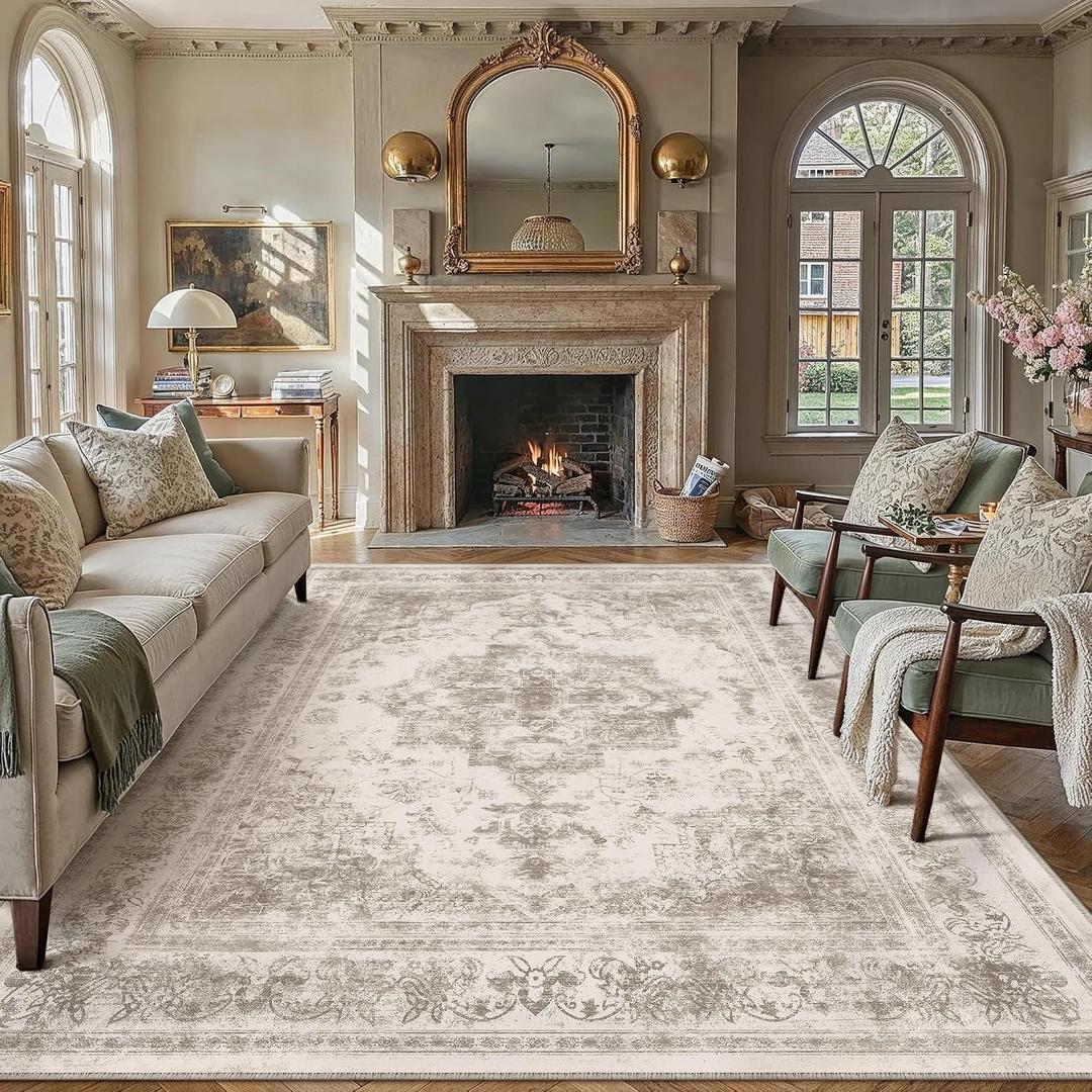 PureCozy Area Rug 8x10 Beige Washable Living Room Carpet Non Slip Vintage Medallion Indoor Bedroom Carpet Low Pile Soft Retro Distressed Large Rug Home Office Dining Room Playroom