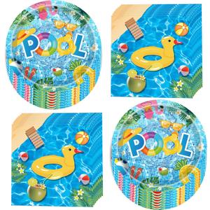 100Pcs Pool Party Supplies Summer Beach Party Set 7"Summer Pool Plates Pool Napkins for Beach Pool Theme luau Beach Summer Pool Birthday Party Decorations|Serve 50 (Pool)