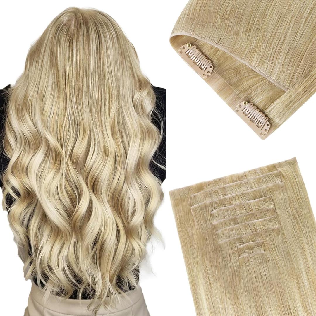GOO GOO Invisi Edge Clip in Hair Extensions, 18inch 130g 7Pcs, Injected Seamless PU Clip in Hair Extensions, Virgin Real Human Hair, #18ET90A Natural Blonde Balayage