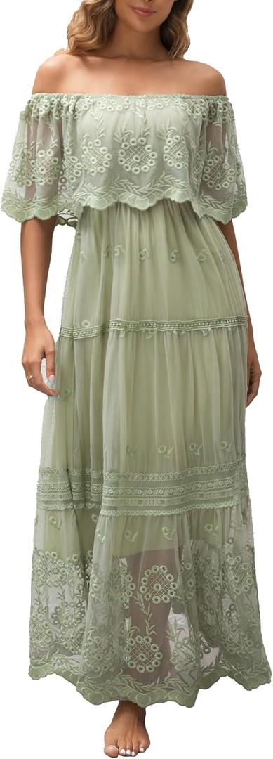 Women's Casual Off Shoulder Lace Maxi Dress Boho White Bridesmaid Wedding Evening Party Dresses (XX-Large, 01 Sage Green)