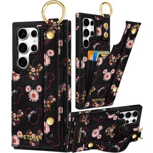 Petitian for Samsung Galaxy S25 Ultra Case with Wallet - Women Girls Cute Girly Aesthetic Unique Design Leather Credit Card Holder Cardholder Stand Wristband for S25 Ultra, Miqi