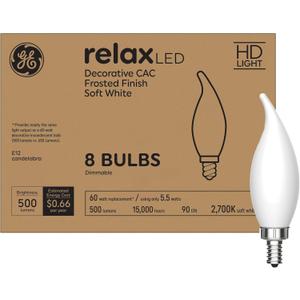 GE Relax LED Light Bulbs 60W, Soft White Candle Lights, Decorative Light Bulbs, Frosted, Small Base (8 Pack) (8 Count(Pack of 1))