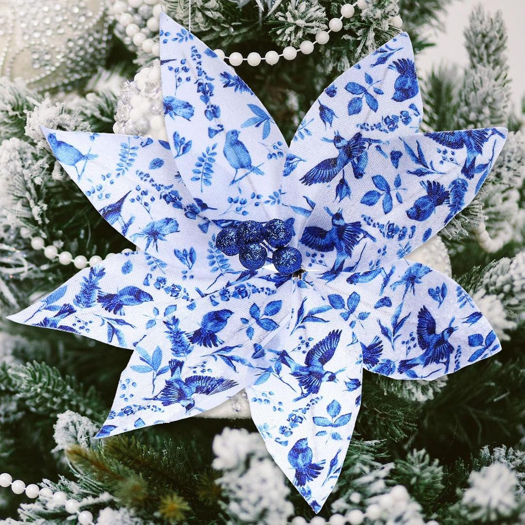 2 x HunnmingRe 10 Pcs Chinoiserie Christmas Poinsettia 10.24 Inch Blue and White Christmas Chinoiserie Ornaments Decoration Artificial Poinsettia Floral Picks Large Chinese Flower Stem for Xmas Tree Decor