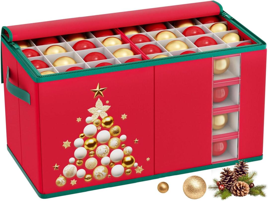 Christmas Ornament Storage Box With Dividers - Large Organizer Holds 128 3'' Ornaments, Red Holiday Ball Container